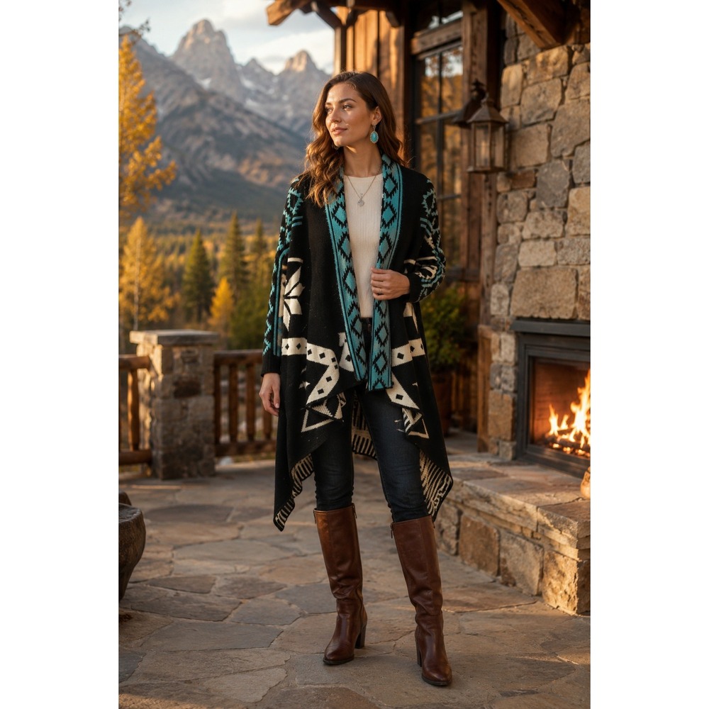 Fantastic Fawn Southwestern Wool Blend Open Front Cardigan Black Teal KT1250 M